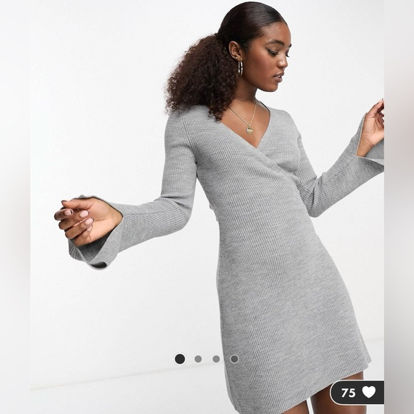 ASOS DESIGN knit wrap fit and flare mini dress in heather gray - US 4 BRAND New - Picture 3 of 3